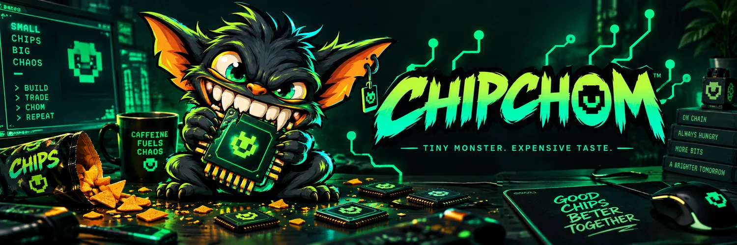 CHIPCHOM in a neon tech den, chewing a computer chip